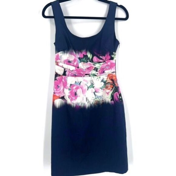 Elie Tahari Womans Graphic Print Sleeveless Floral Sheath Dress Navy Blue Size 2 - Picture 3 of 13